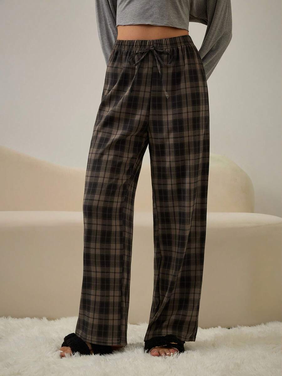 HautHeat Women's Waist Tie Plaid Wide Leg Loose Sleep Pants, Fall & Winter - Coffee Brown - View 1