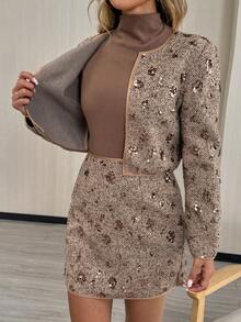 Easowa 2 件套亮片纹理面料休闲宽松优雅通勤复古风格夹克和裙子套装，适合女士，秋冬 - 藕粉色 - 查看 5