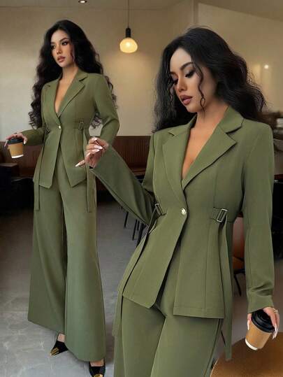 Elenzga 女士优雅翻领 V 领长袖独特腰带系带高端西装外套和直筒阔腿裤两件套西装套装，适合秋季通勤和工作场合