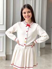少女毛衣套装，新款针织开衫和百褶裙两件套，春秋季女童校服，法式风格连衣裙，白色百褶裙套装，可爱女童校服 - 彩色 - 查看 1