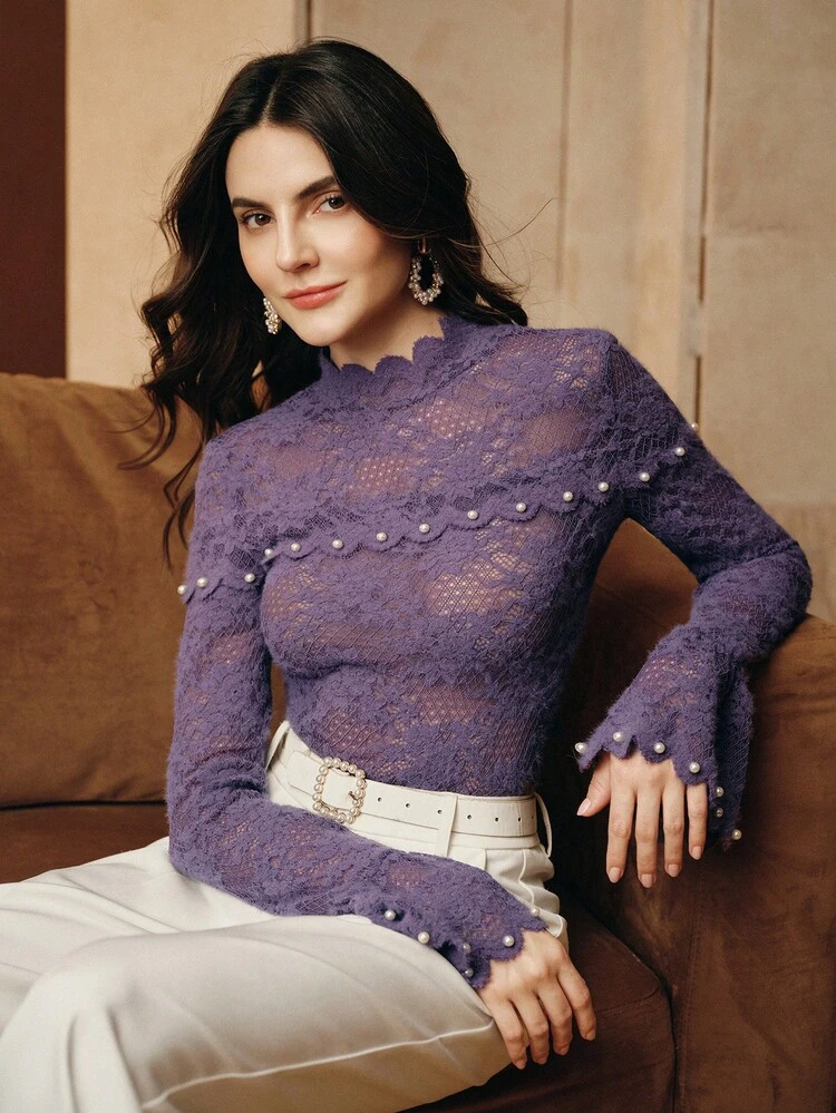New Elegant Fashion Date Night Holiday Outing Sexy Brushed Lace Puff Sleeve Base Layer T-Shirt, Autumn/Winter