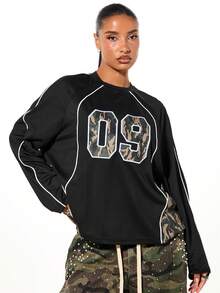 SUMWON WOMEN Boxy Fit Oversized Raglan Sleeve Top With Camo Piping Details And Number Print - Black - View 4