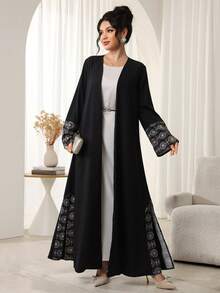 Al Najma 女士优雅印花拼接阿拉伯长袍 - 黑色 - 查看 5