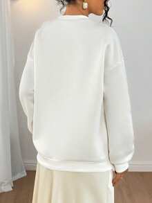 Gloray Women's Oversized Crew Neck Drop Shoulder Long Sleeve Sweatshirt With Applique Decor - White - View 2