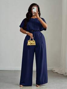 Slaydiva Women Plus Size 2 Pieces Set Navy Blue Summer Casual Work Elegant Drawstring Hem Cropped Top And Wide Leg Pocket Pants,Commute Party Club Outdoor - Navy Blue - View 5