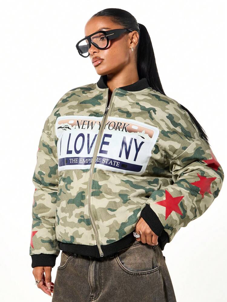 SUMWON WOMEN Camo Bomber Jacket With License Plate Print