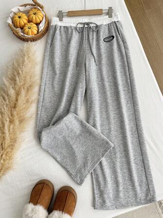 SHEIN EZwear Plus Size Women's Letter Print Drawstring Waist Pockets Wide Leg Casual Loose Sweatpants Graduation,Back To School Outfits,Graduation,Teacher Outfits For Women,Back To School