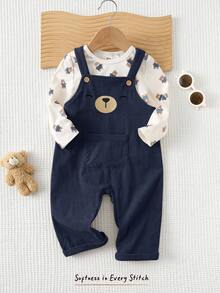 Cozy Pixies 2pcs Baby Boy Cartoon Animal Pattern Knit Soft Crew Neck Long Sleeve Pullover Top And Bib Overalls Pants Set
