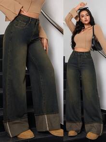 SHEIN Tall Winter Women's Casual Washed Vintage Chic Fashionable Turn-Up Hem Design Wide Leg Jeans - Dark Wash - View 1