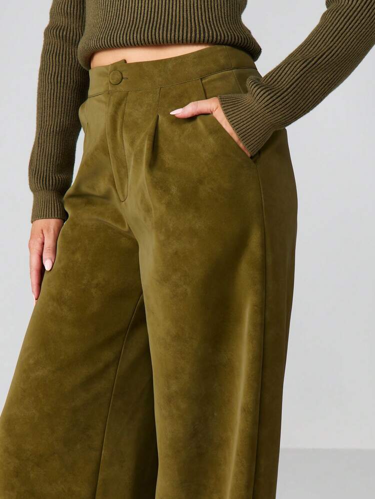 MISSGUIDED Pantalones palazzo de pierna ancha y cintura alta para mujer, de tela de ante, de pierna recta, casuales para otoño e invierno