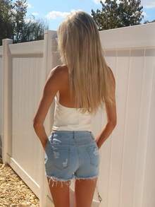 Sydney Algeri 女士口袋做旧毛边休闲修身牛仔短裤 - 淺藍色 - 查看 2