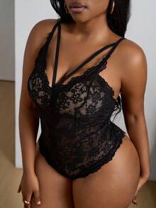 SHEIN PETITE CURVE Bộ đồ liền thân ren hở lưng cỡ lớn - màu đen - Xem 6