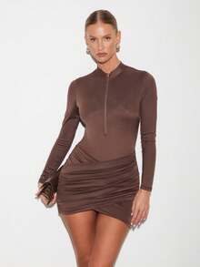 Nuvra 女式长袖紧身双层塑身连衣裙，带衬里，收腰，提臀，迷你瘦身连衣裙 - 棕色 - 查看 9