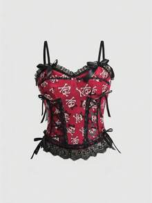 ROMWE Kawaii Y2K性感露脐蕾丝拼接蝴蝶结波点骷髅印花吊带背心 - 彩色 - 查看 1