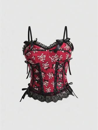 Kawaii Top canotta Y2K sexy con patchwork in pizzo, fiocco, stampa a pois e teschio