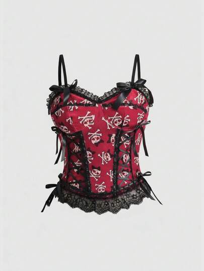 Kawaii Top de tirantes con estampado de lunares y calaveras, patchwork de encaje y lazo, estilo Y2K sexy y corto