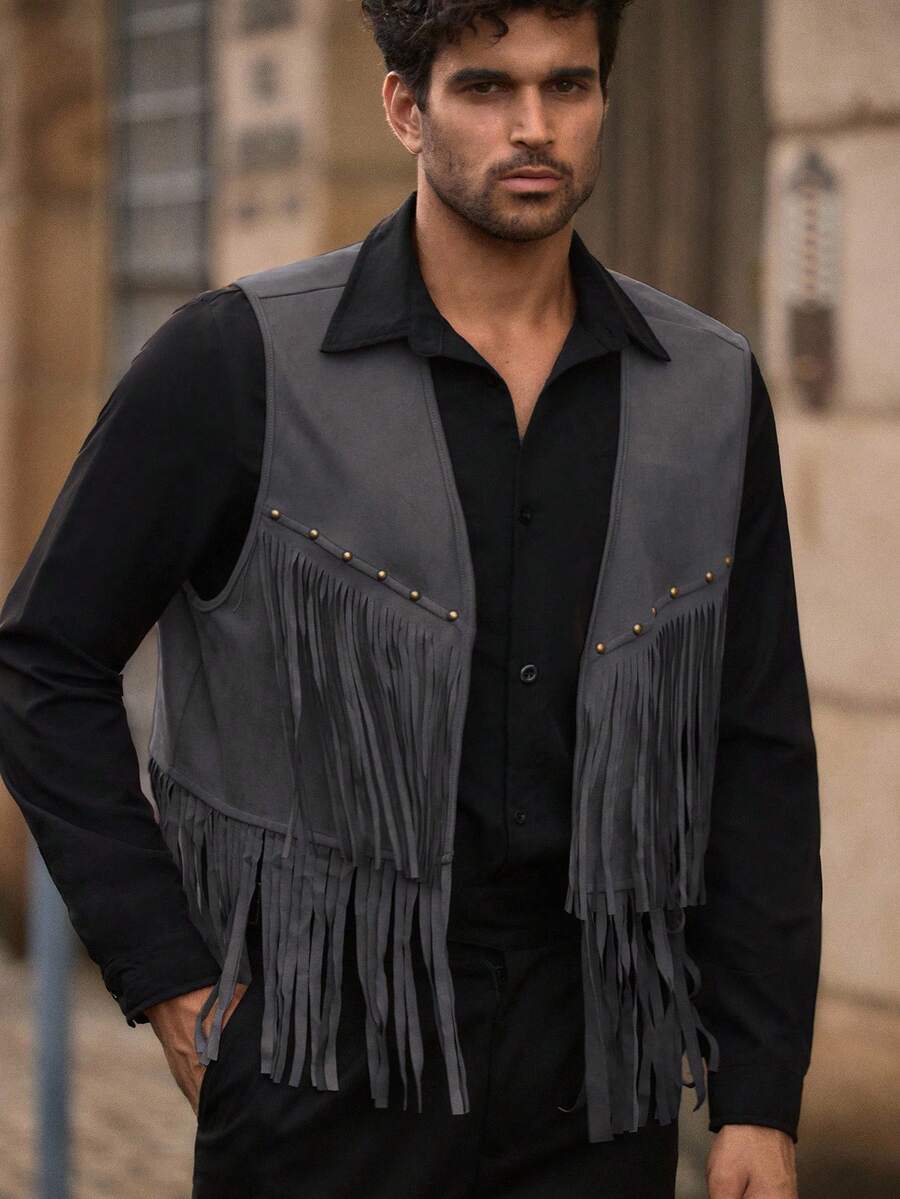 Manfinity VCAY Men's Suede Rivet Decor Fringe Jacket Boho Men's Vest Men's Fringe Fringe Vest Western Wear For Men - Army Green - View 1
