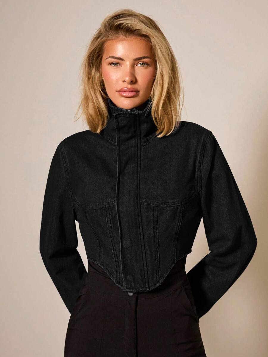 COSMINA Denim 女士纯色高领落肩长袖时尚百搭牛仔外套 - 黑色 - 查看 1