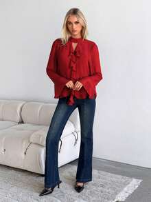 MainGRL Áo cánh dài tay viền bèo nhún màu nâu thu đông dành cho nữ - Đỏ - Xem 3