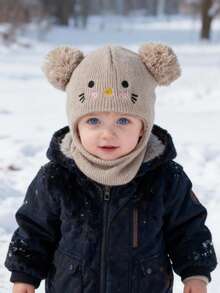 Cozy Pixies 1 Pc Balaclava Pom-Pom Black Newborn Balaclava Ski Mask Toddler Beanie Double Balls Baby Girls Boys Beanies Kids Winter Warm Hats Children Knit Beanies - Beige - View 1