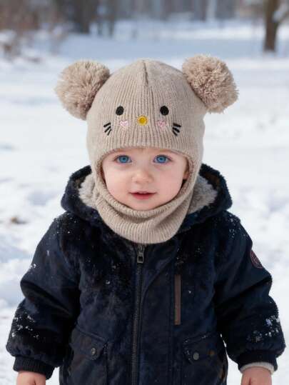 Cozy Pixies 1 st balaklava pom-pom svart nyfödd balaklava skidmask småbarnsmössa dubbla bollar baby flickor pojkar mössor barn vinter varma mössor barn stickade mössor