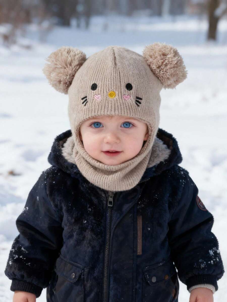 Cozy Pixies 1 Pc Balaclava Pom-Pom Black Newborn Balaclava Ski Mask Toddler Beanie Double Balls Baby Girls Boys Beanies Kids Winter Warm Hats Children Knit Beanies - Beige - View 1