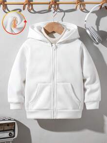 SHEIN 儿童休闲夹克 Wtt 官方网站，男童冬季外套，连帽拉链卫衣，学校，基本款上衣，冬季上衣，适合春季、夏季、秋季、冬季学校、花园、海滩、生日 - 白色 - 查看 5