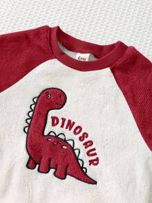 Cozy Pixies 2pcs Baby Boy Cartoon Animal Print Thermal Lined Crew Neck Sweatshirt And Elastic Waist Pants Set, Comfortable, Skin-Friendly, Versatile, Suitable For Indoor, Outdoor, Daily Wear, Sports, Play, Party, Photography, Christmas, Dinosaur Outfit Baby Set Autumn Winter Season Baby Boy Clothes Dinosaur Baby Boy Clothes Red Baby Casual Outfit