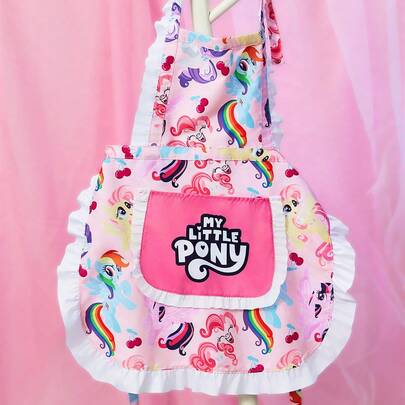 My Little Pony X SHEIN 1Pc Cute Lace Print Apron, Waterproof And Oil-Proof Material, Comfortable And Soft, A Must For Kitchen Baking, Available For Men And Women, Rainbow, Twilight Sparkle/Rainbow Dash/Pinkie Pie/Applejack/Fluttershy/Rarity,Gift Ideas