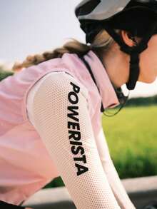 Powerista 女式白色字母印花骑行夹克，长袖，前拉链，秋冬女式骑行服