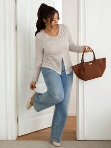 SHEIN Frenchy Áo thun tay dài kẻ sọc, đơn hàng, dáng rộng, đơn giản, dành cho nữ cỡ lớn - Nhiều màu - Xem 5