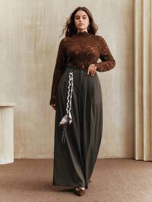 Anewsta بنطلون واسع الساق مزين بخرز أنيق وأنيق للنساء، بنطلون ماكسي عالي الخصر كوري جديد لخريف 2025 مع تنحيف وتدريج، مقاسات كبيرة - قهوة بني - مشاهدة 6