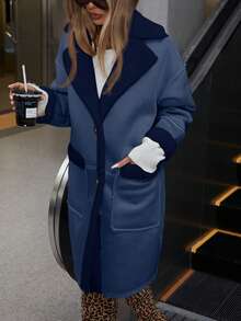 GENKIRA 复古风女式仿麂皮拼接领中长款复合夹克，冬季服装 - 藏蓝色 - 查看 6