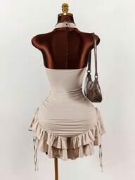  Y2K Amplova Ruffled High Neck Asymmetrical Hem Cinched Waist Mini Dress Goddess Dress Slaydiva Dress Gatsby Style Dress Dance Dress Luxury Dress Christmas Outfit For Women New Year Dress