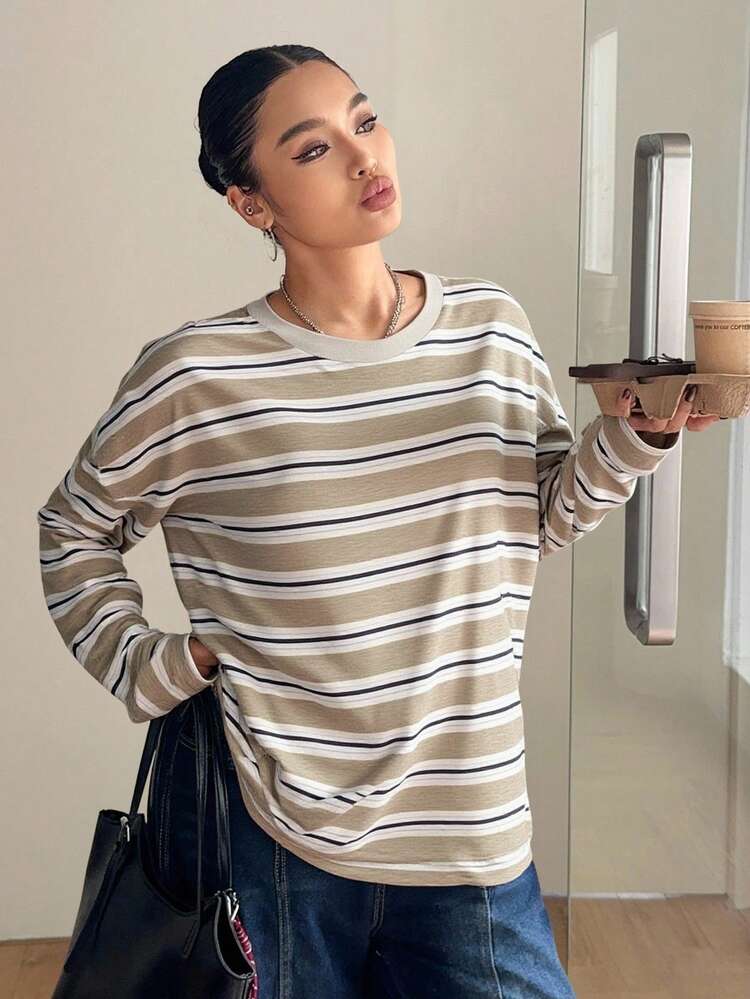 Dazy Plus Plus Size Casual Striped Long Sleeve T-Shirt, Street Style Fashion For Plus Size Women