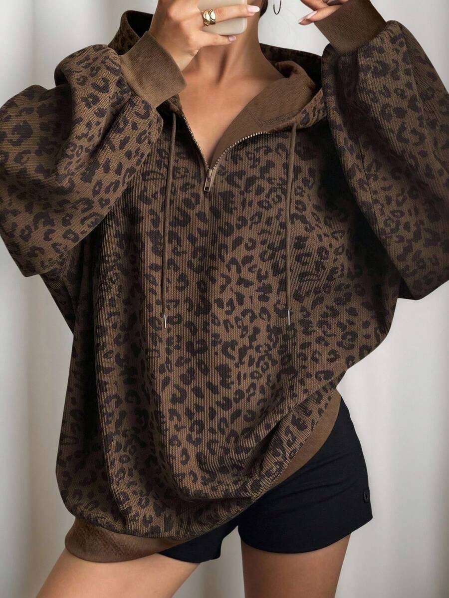 INAWLY Women's Leopard Print Long Sleeve Zip-Up Drawstring Hooded Casual Loose Sweatshirt - Multicolor - View 1