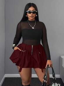 Maweii Plus Size Women Casual Ruffle Hem Solid Color Zipper Sexy Mini Skirt, Suitable For Work And Commute, Autumn/Winter - Burgundy - View 5