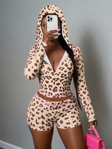 INAWLY 2pcs Plus Size Set: Leopard Print Shorts And Long Sleeve Top Fall Cloth For Women - Multicolor - View 3