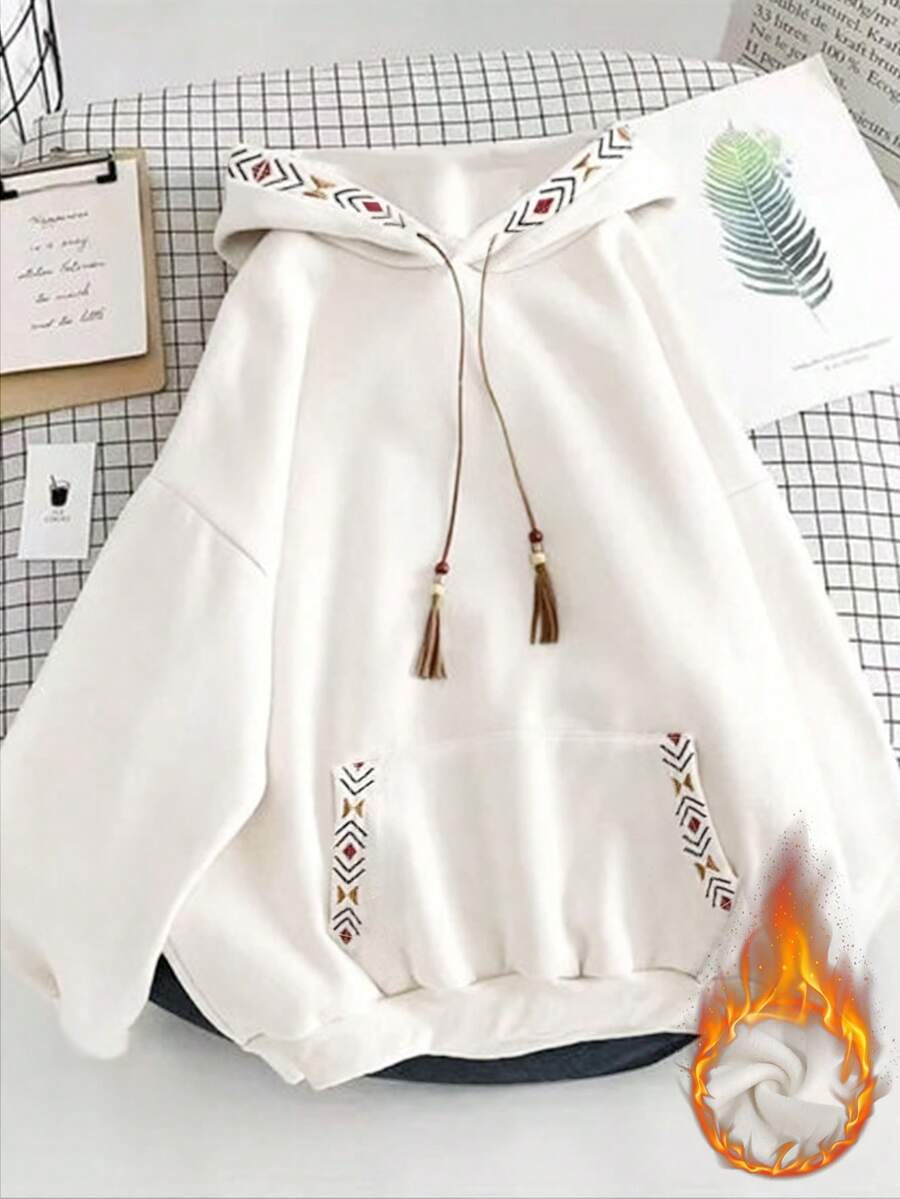 INAWLY 女士休闲几何刺绣卫衣，秋冬季 - 白色 - 查看 1