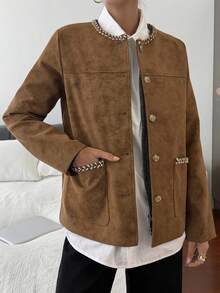 DAZY 女士休闲夹克，采用柔软绒面革面料，编织格纹图案，针织饰边，宽松版型，优雅街头风格，适合秋冬季节穿着。 - 駝色 - 查看 5