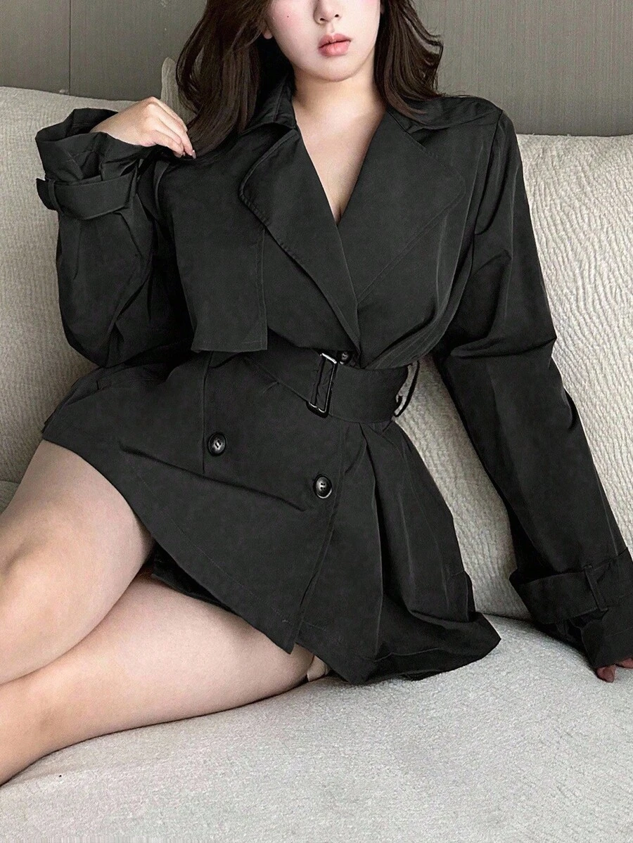 Flirla Elegant Solid Color Belted Slim Fit Button Decor Casual Minimalist A-Line Windbreaker