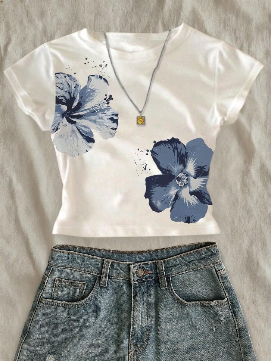 Glimmora 优雅度假风格蓝色花卉印花女式修身短款T恤