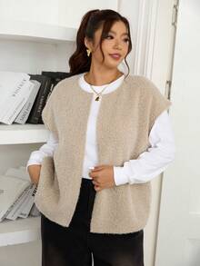 Lounesse Plus Size Women Metal Buckle Vest Jacket, Faux Suede Fabric, Thick Warm Jacket For Daily Wear & Commuting/Winter Office Work - Khaki - View 4