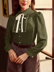 Vintamour Vintage Elegant Women Shirt Contrast Trim Bowknot Frill Trim Button Casual Blouse For Work Vacation Autumn Fall Winter Christmas, Elegant Women's Blouses Green School