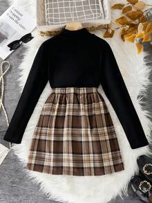 SHEIN 2pcs/Set Girls' Long Sleeve T-Shirt & Plaid Skirt Set, Suitable For Outings, Street Style, Back To School, Campus Wear - Black - View 2