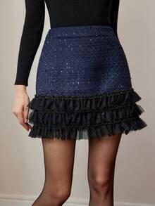 MOTF PREMIUM TWEED CONTRAST LAYERED RUFFLE HEM SKIRT - Blue - View 4