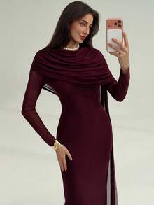 Aloruh Women's Elegant Ruffle Long Sleeve Bodycon Dress, Autumn Burgundy - Purple - View 2