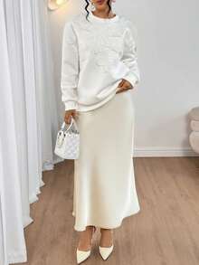 Gloray Women's Oversized Crew Neck Drop Shoulder Long Sleeve Sweatshirt With Applique Decor - White - View 4