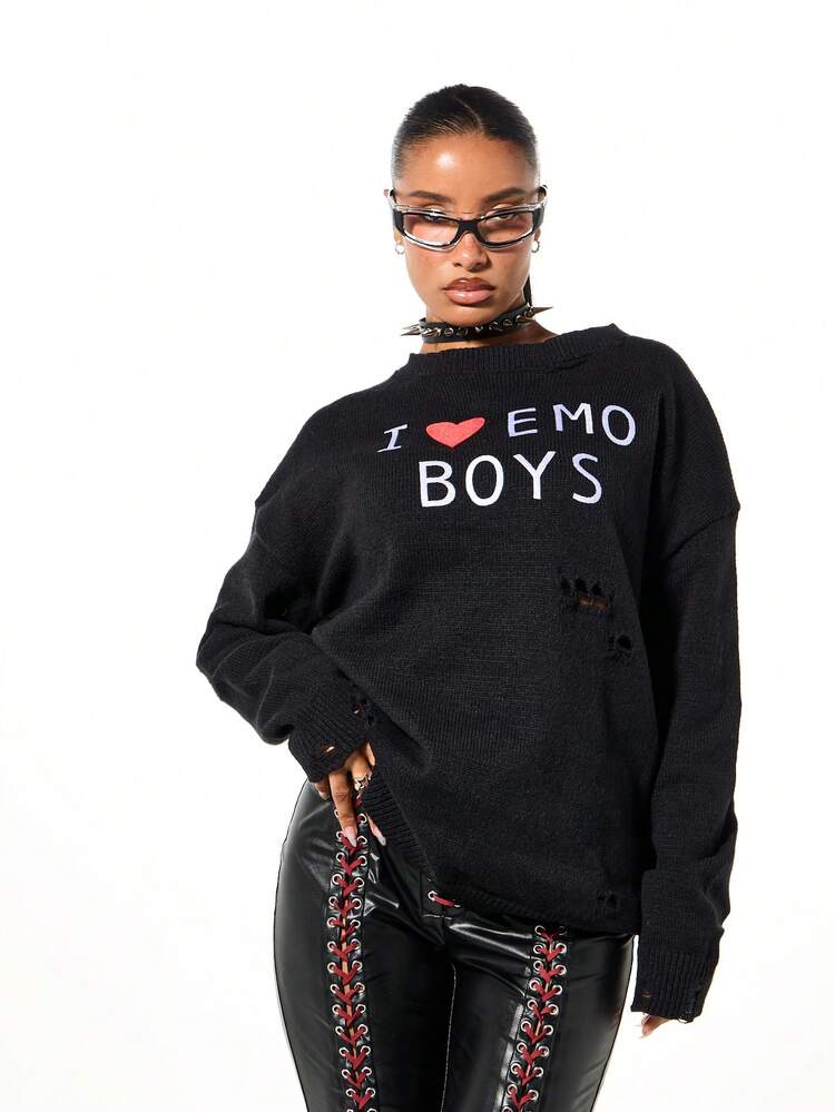 SUMWON WOMEN Oversized Distressed Graphic Crew Neck Sweater