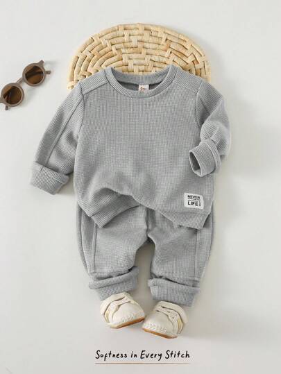 Cozy Pixies 2pcs/Set Baby Boy/Girl Soft Knit Crew Neck Long Sleeve Sweatshirt And Elastic Waist Jogger Pants Set, Comfortable Versatile Casual Basic Style, Suitable For Indoor, Outdoor, Daily Wear, Sports, Play, Party, Festival, Halloween, Christmas, New Year, Autumn/Winter Baby Set Autumn Winter Season Baby Outfits Unisex For Fall Baby Boys Outfit Late Fall Baby Casual Sets Neutral Baby Clothes Unisex